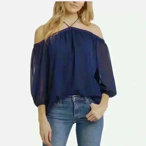 I. State blue chiffon halter top, Size Medium ruched 3/4 sleeves. Beautiful!